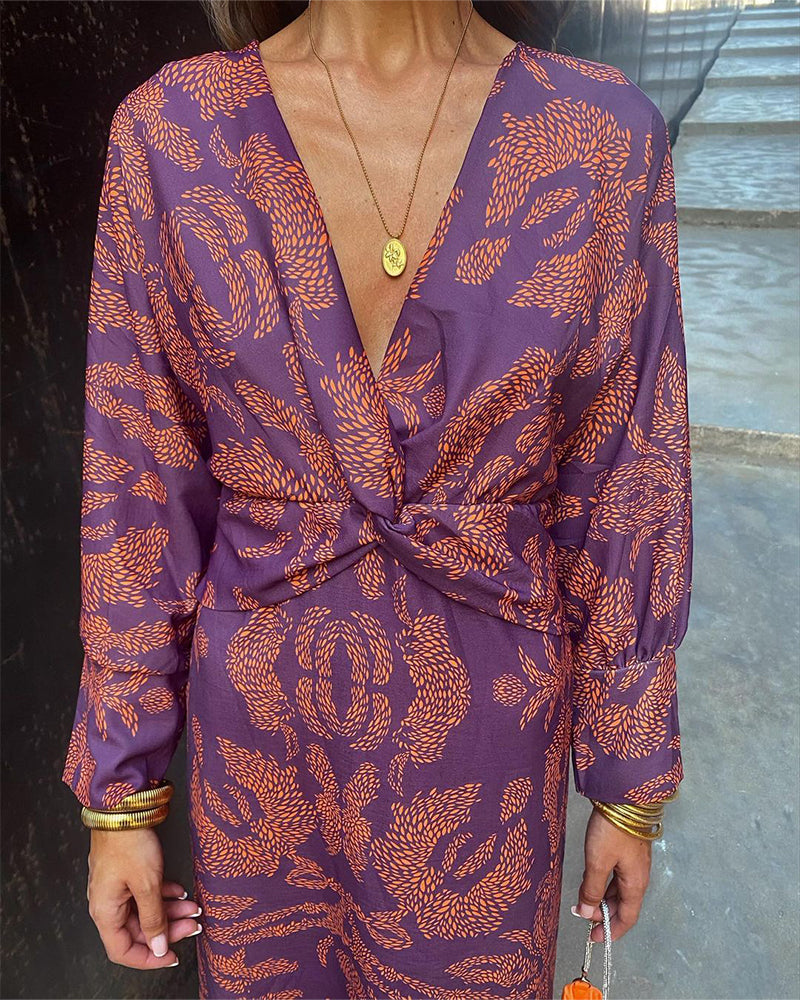 Damenkleid Mittellang Paisley Muster V-Ausschnitt