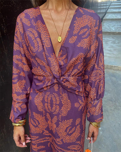 Damenkleid Mittellang Paisley Muster V-Ausschnitt