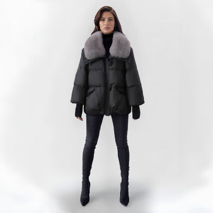 Damen Pufferjacke Warm Kunstpelz Kragen Schwarz - Norvielle