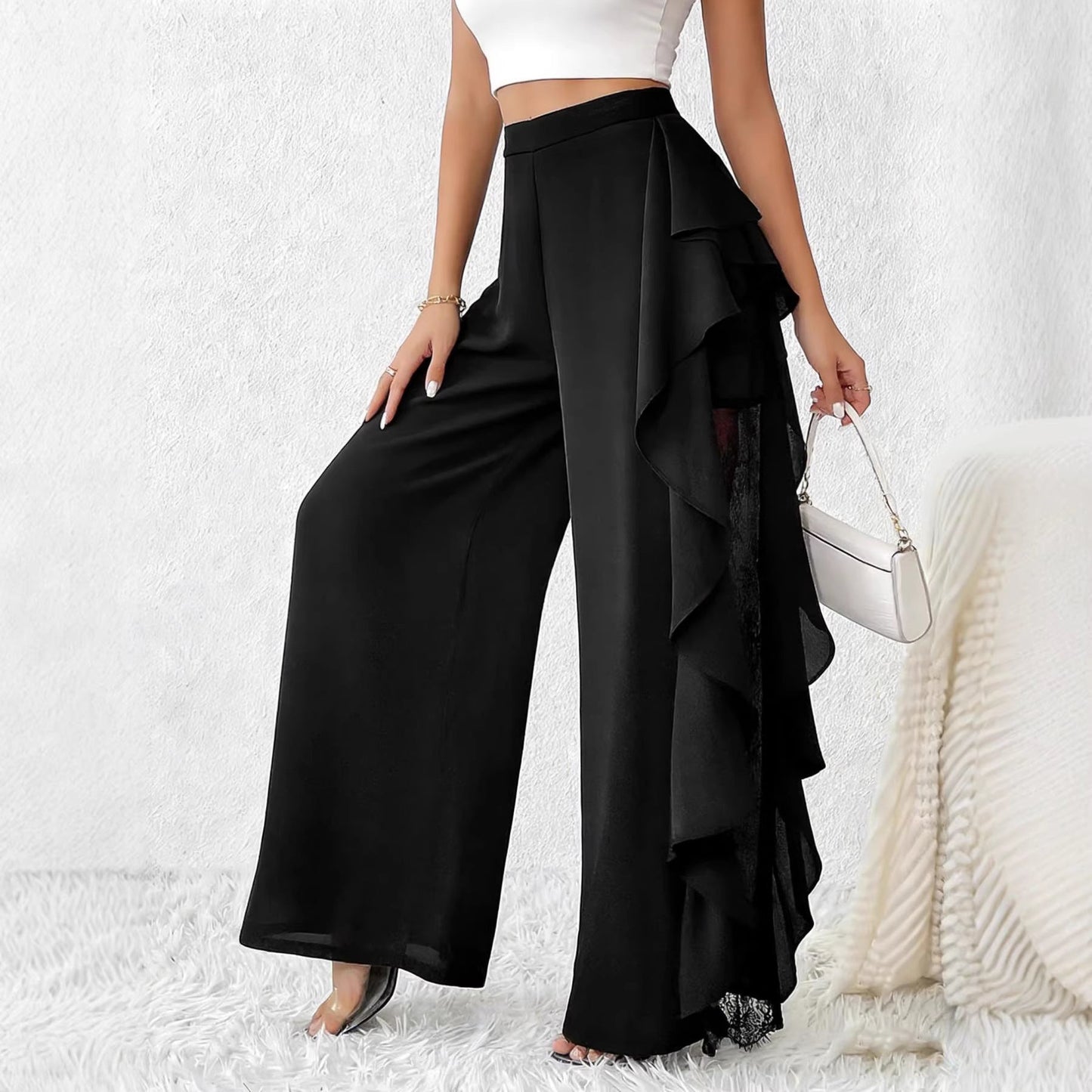 Damen Hochtaillierten Hose Weite Bein Elegant Schwarz - Norvielle