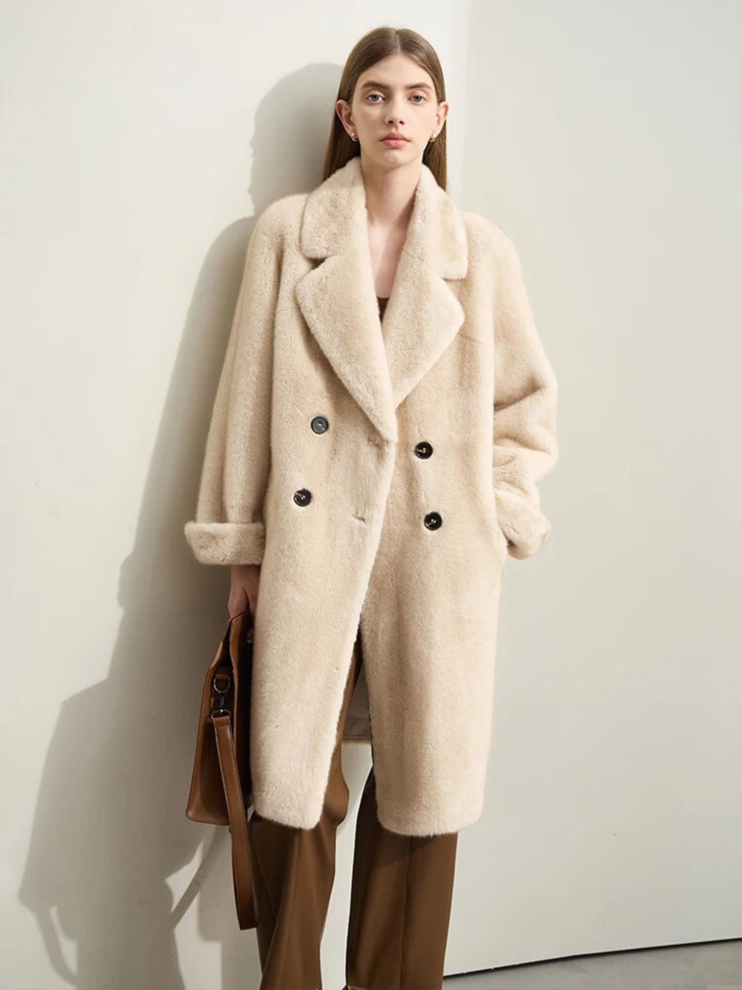 Damen Wollmantel Beige Doppelöffnung Winter - Norvielle