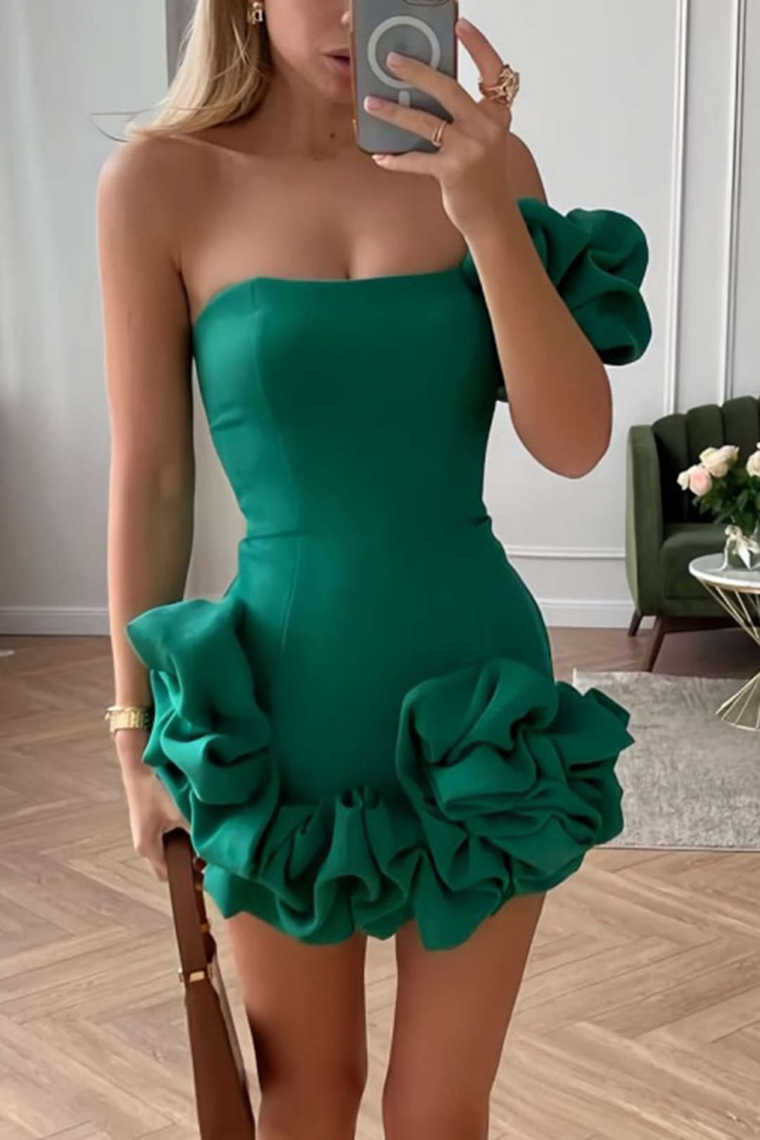 Elegantes Damen Rüschenkleid One Shoulder Bodycon Schwarz - Norvielle