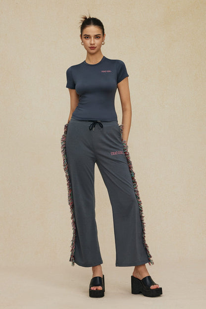 Damen Freizeit-Outfit Fransen-Design Grün