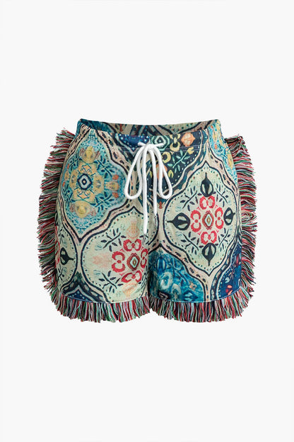 Boho Damen-Zweiteiler-Set Blumenprint Fransen