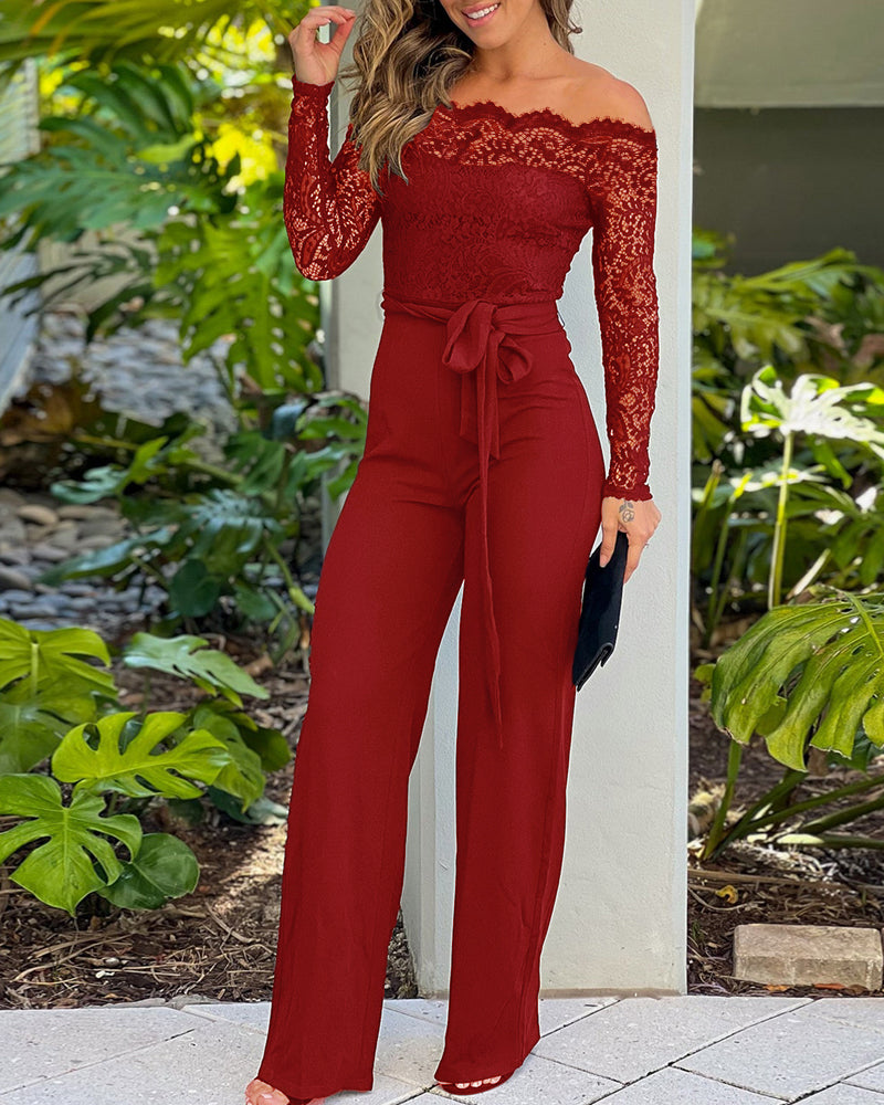 Damen Jumpsuit Weites Hosenbein Spitze Elegant