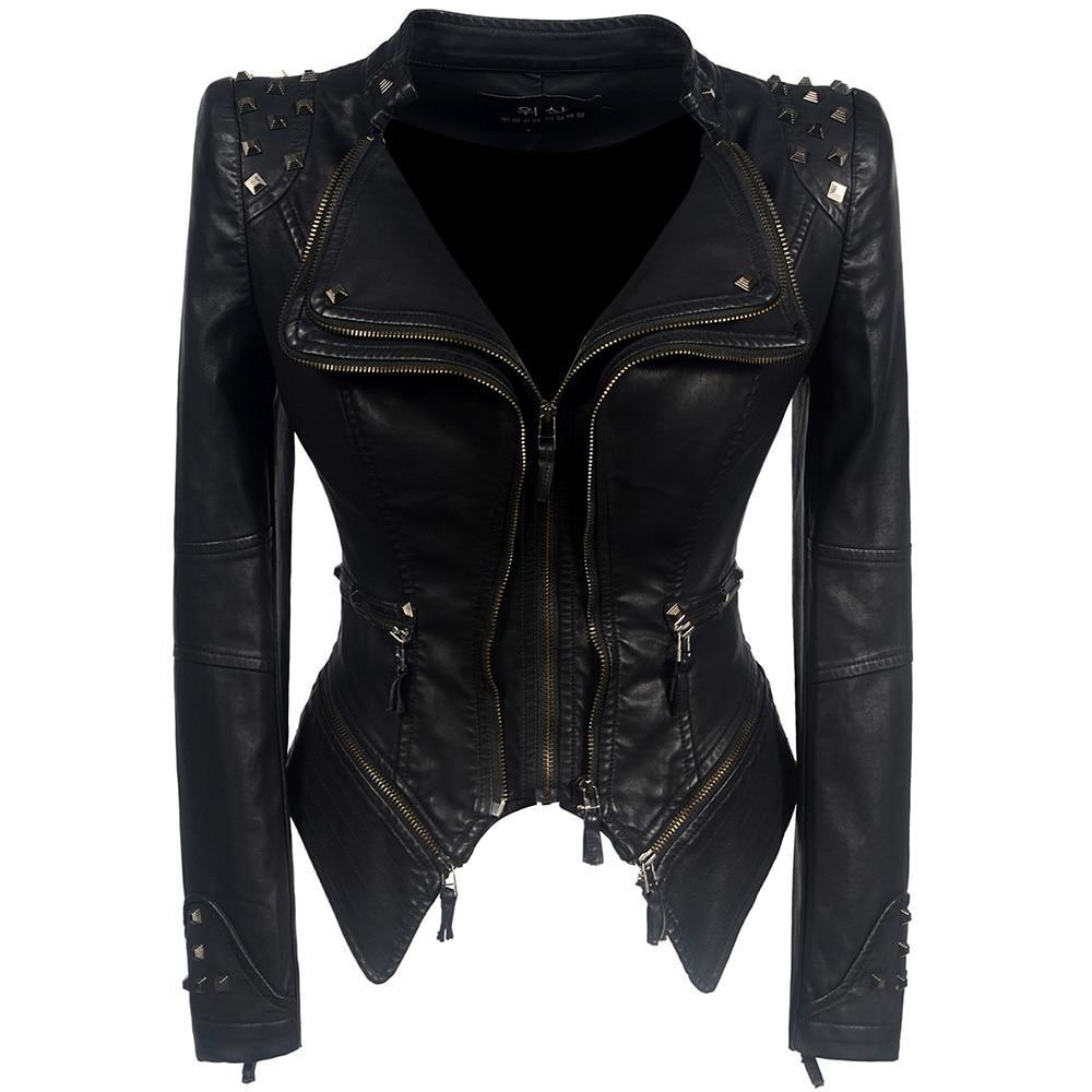 Damen Lederjacke Slim Fit Schwarz - Norvielle