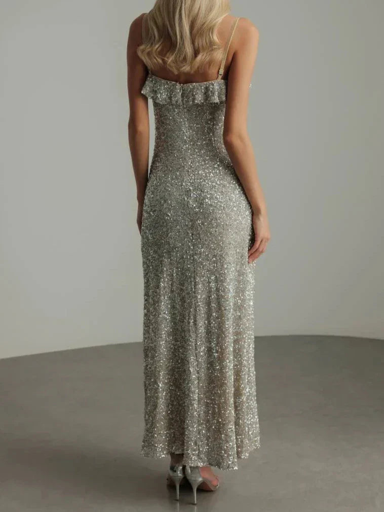 Damen Rüschenkleid Ärmellos Glitzernd Partykleid