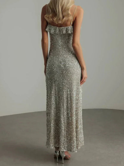 Damen Rüschenkleid Ärmellos Glitzernd Partykleid