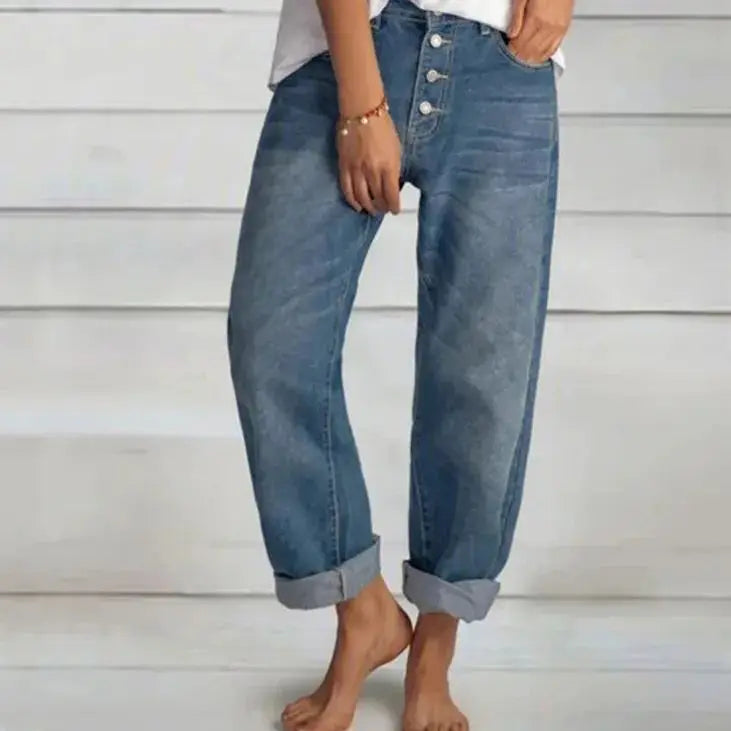 Damen Comfort Jeans Weitbein mit Knopfleiste