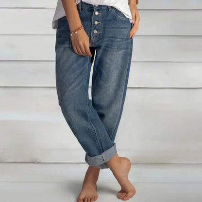 Damen Comfort Jeans Weitbein mit Knopfleiste