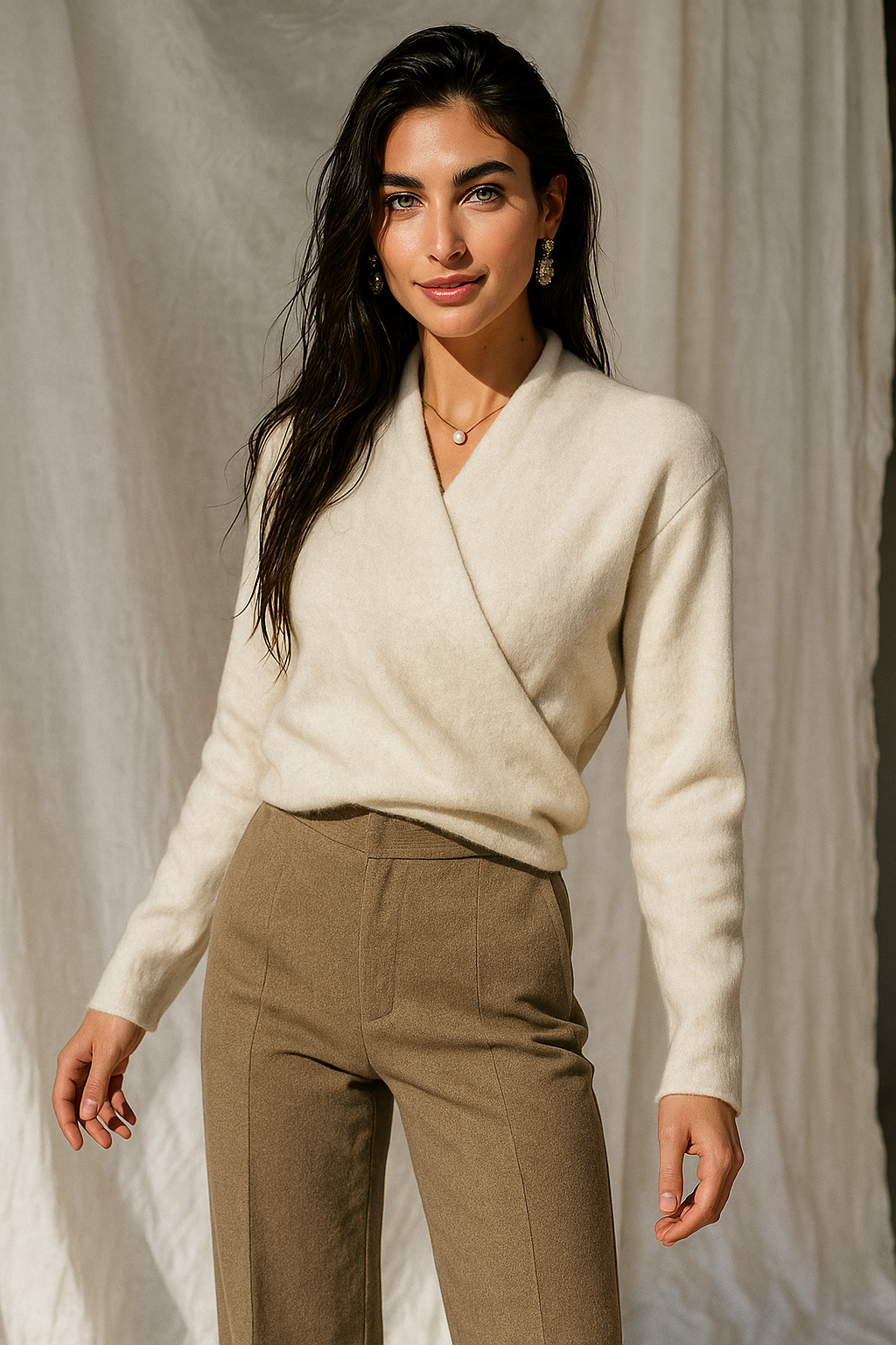 Damen Wickelpullover V-Ausschnitt Weich Warm
