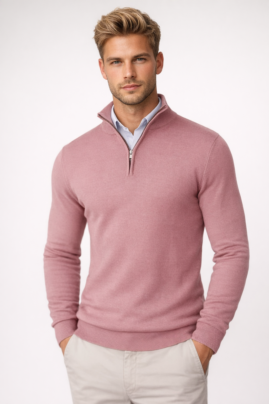 Herren Pullover Stehkragen Halbreißverschluss Baumwolle