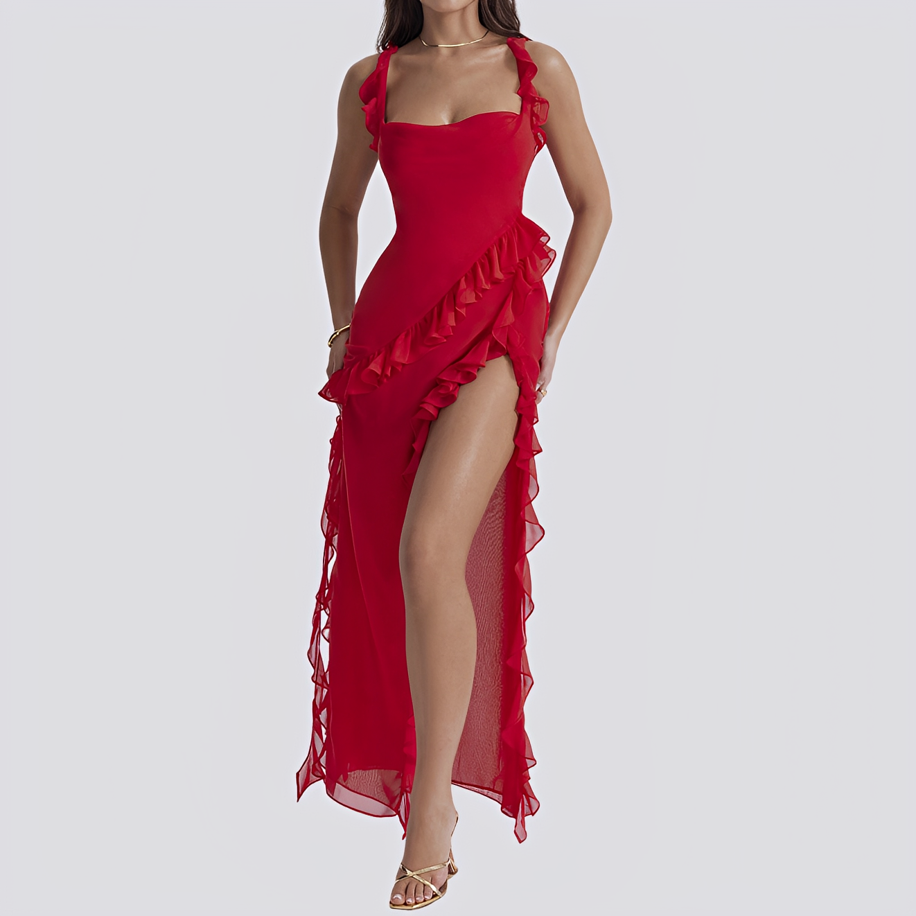 Damen Sommerkleid Rüschen Hochschlitz Lässig