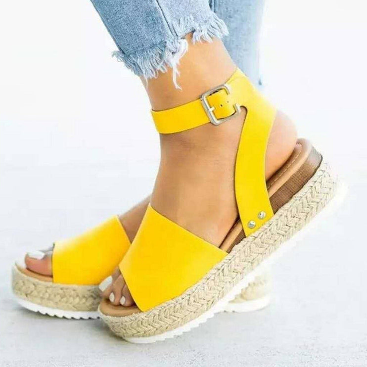 Damen Plateau-Sandaletten Keilabsatz Knöchelriemen Schuhe