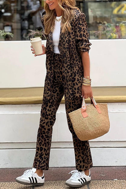Damen Leopard Blazer Set mit Hose