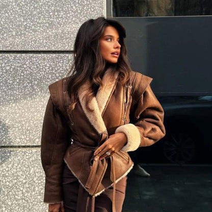 Damen Kunstlederjacke Warm Teddyfutter Schnürung