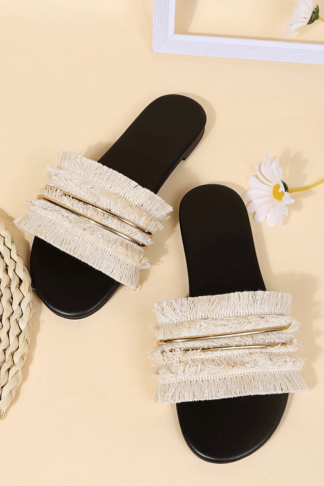 Damen Sommer Slides Sandalen Mit Fransen Detail Leder Braun - Norvielle