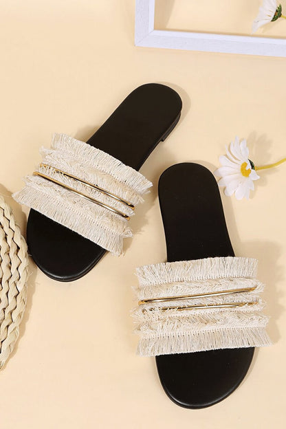 Damen Sommer Slides Sandalen Mit Fransen Detail Leder Braun - Norvielle