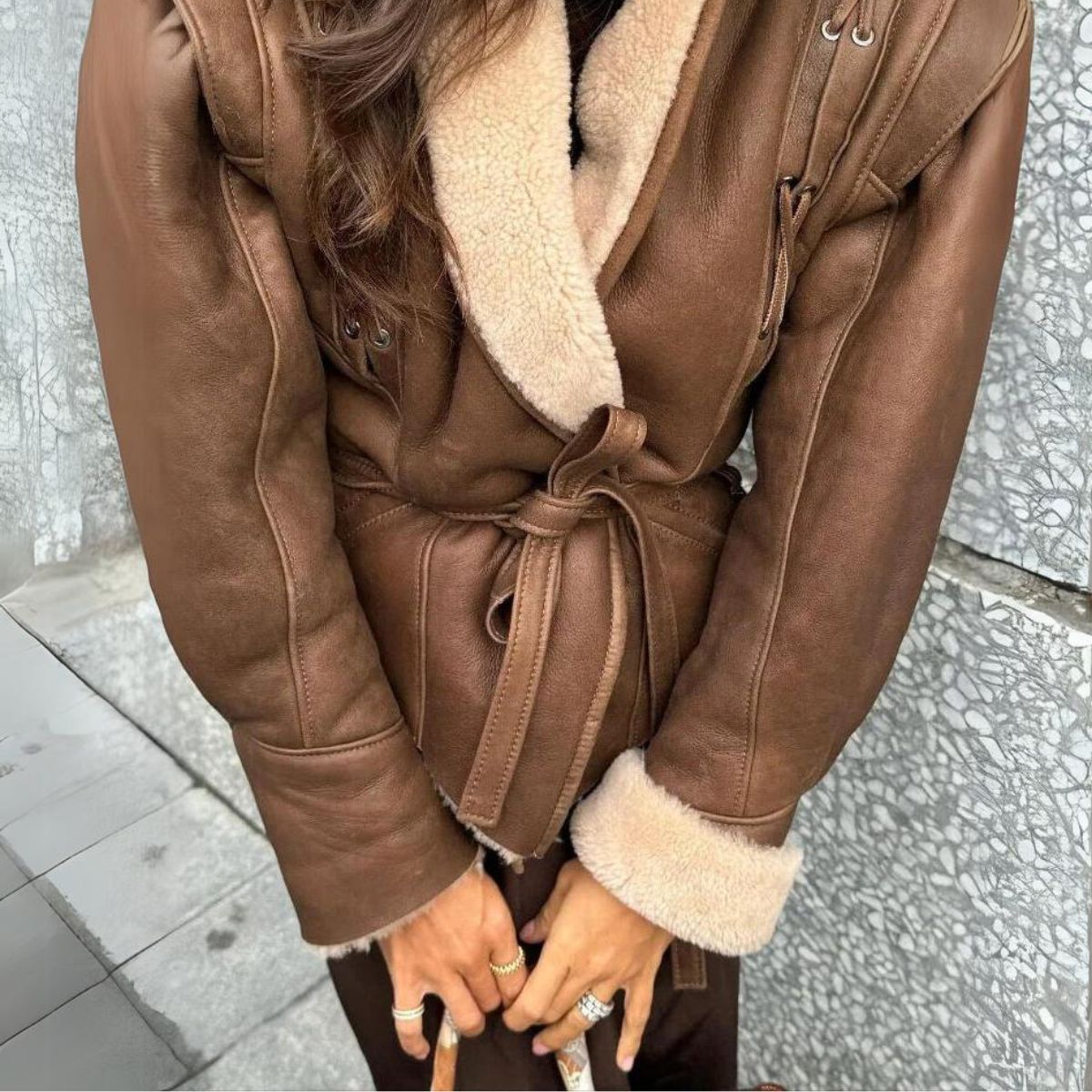 Damen Kunstlederjacke Warm Teddyfutter Schnürung