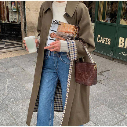 Damen Trenchcoat Lang Wasserfest Kariert
