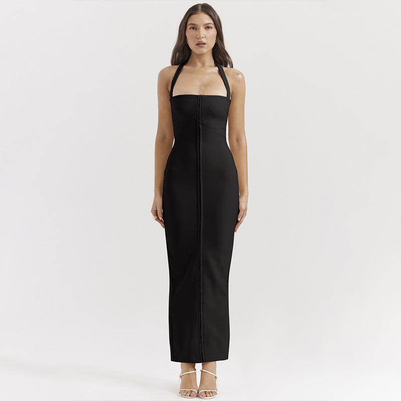 Elegantes Damen Abendkleid Maxi Lang Halterneck Rückenausschnitt