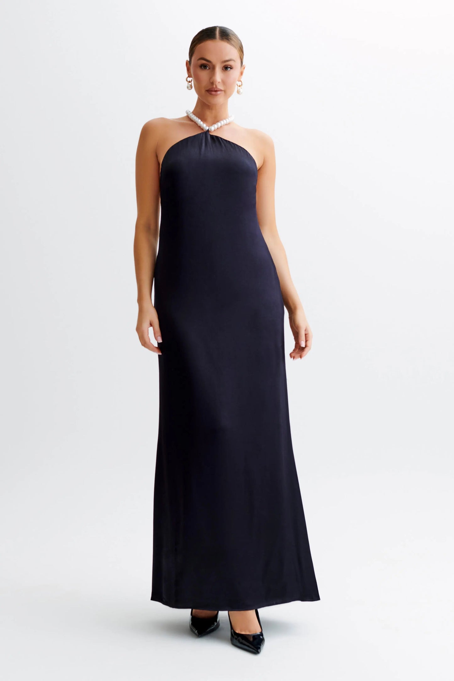 Celine Damen Maxikleid Satin Perlenverziert Weiß - Norvielle