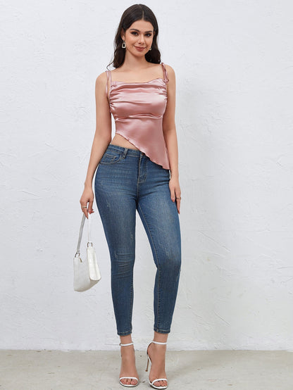 Damen Satin- Rosa Kurz Asymmetrisch Mit Schnürung