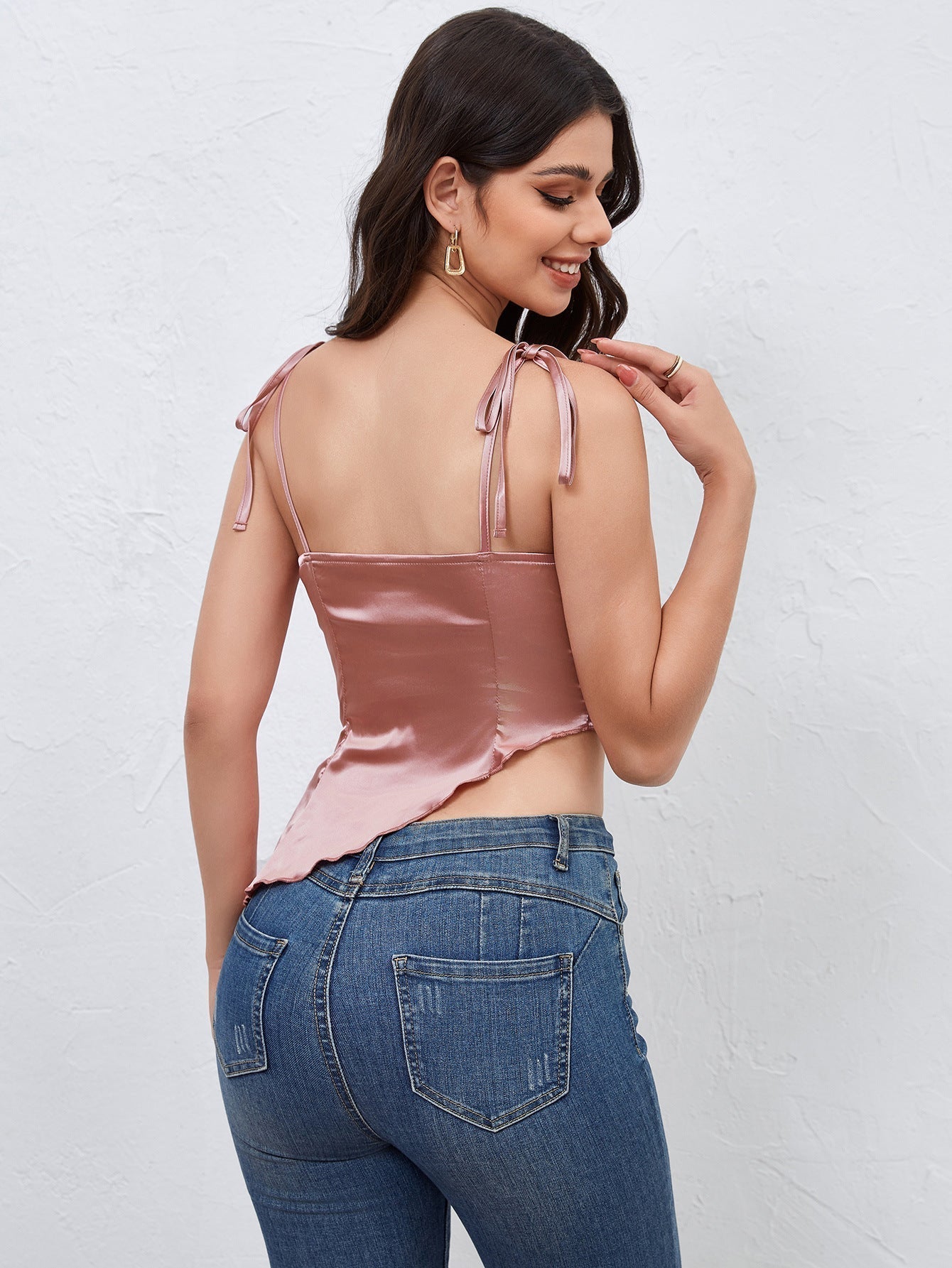 Damen Satin- Rosa Kurz Asymmetrisch Mit Schnürung