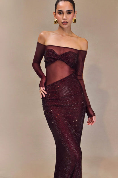 Damen Off-Shoulder Maxikleid Glitzersteinen Mesh-Stoff - Norvielle