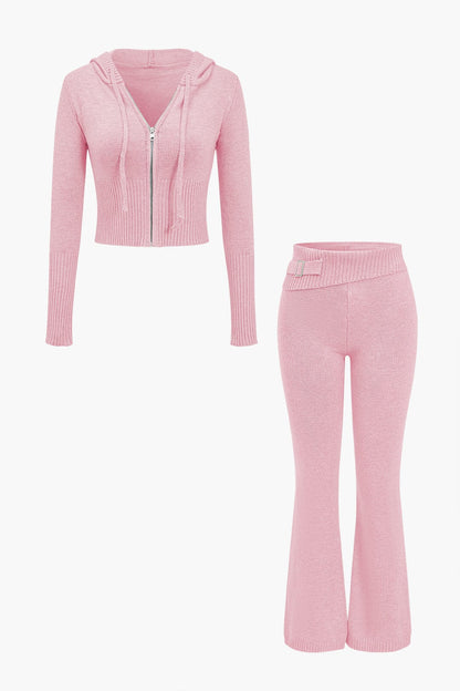 Strick-Set Damen Kapuzenjacke Schlaghose Warm