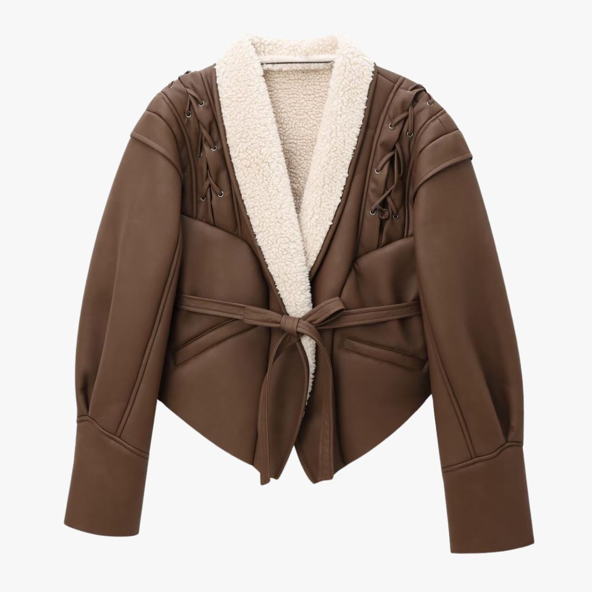 Damen Kunstlederjacke Warm Teddyfutter Schnürung - Norvielle