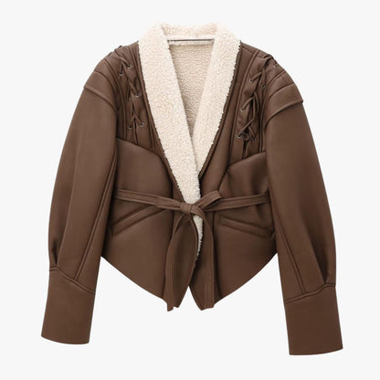 Damen Kunstlederjacke Warm Teddyfutter Schnürung - Norvielle