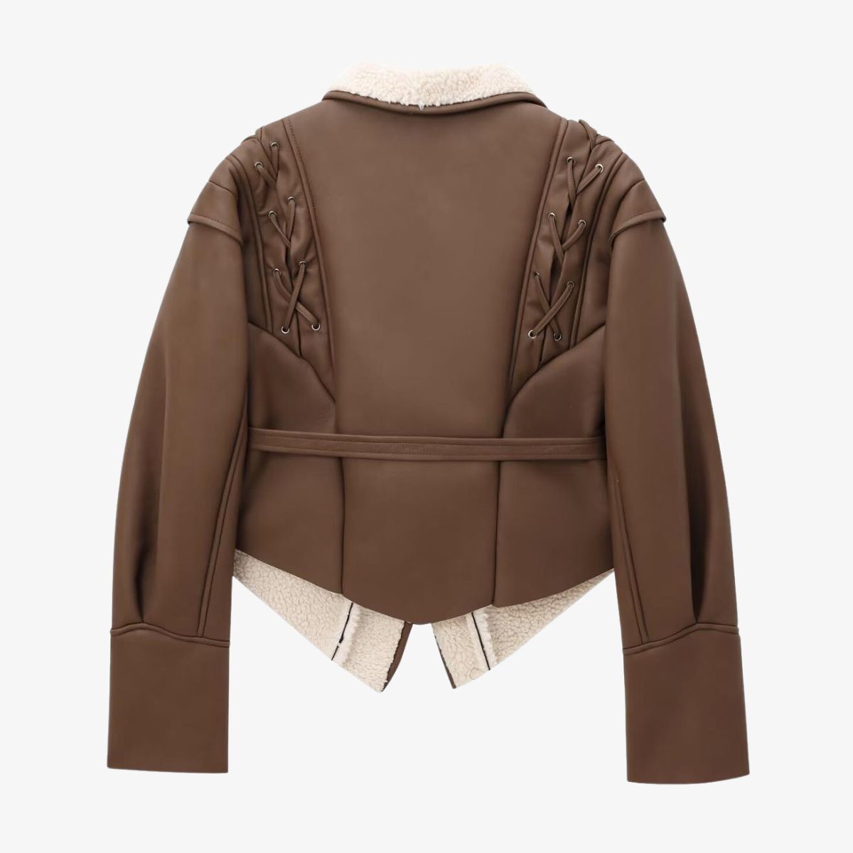 Damen Kunstlederjacke Warm Teddyfutter Schnürung