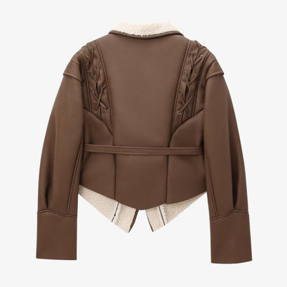 Damen Kunstlederjacke Warm Teddyfutter Schnürung