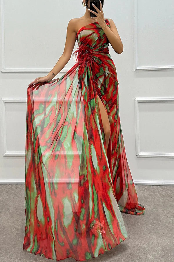 Damen Maxikleid Schulterfrei Lang Abendkleid mit Hochschlitz