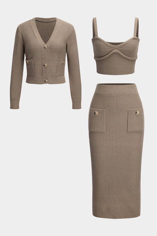 Damen Strick Dreiteiler Set aus Cardigan, Rock und Oberteil - Norvielle