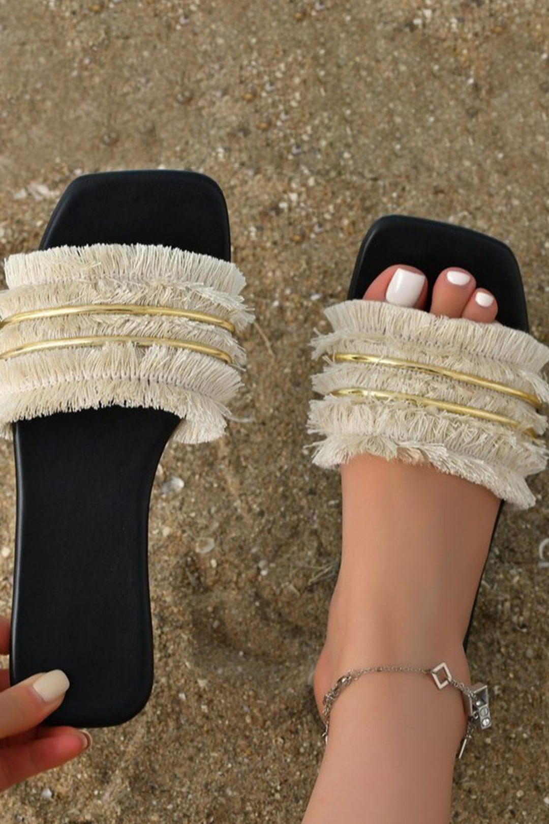 Damen Sommer Slides Sandalen Mit Fransen Detail Leder Braun