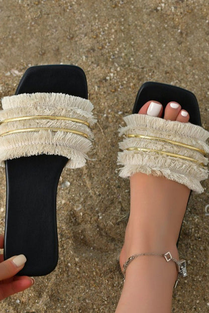 Damen Sommer Slides Sandalen Mit Fransen Detail Leder Braun