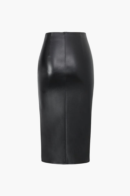 Damen Midirock Asymmetrisch Wickelrock Kunstleder