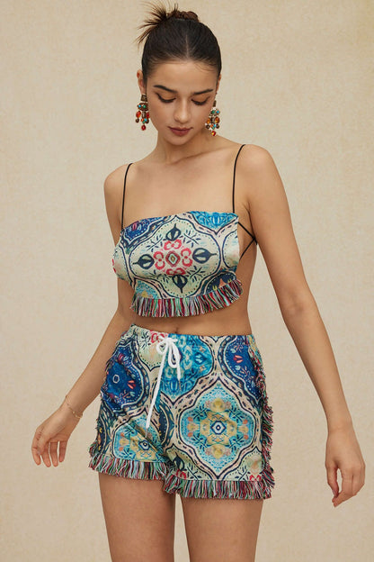Boho Damen-Zweiteiler-Set Blumenprint Fransen