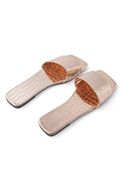 Damen Slides Krokodilmuster Metallic