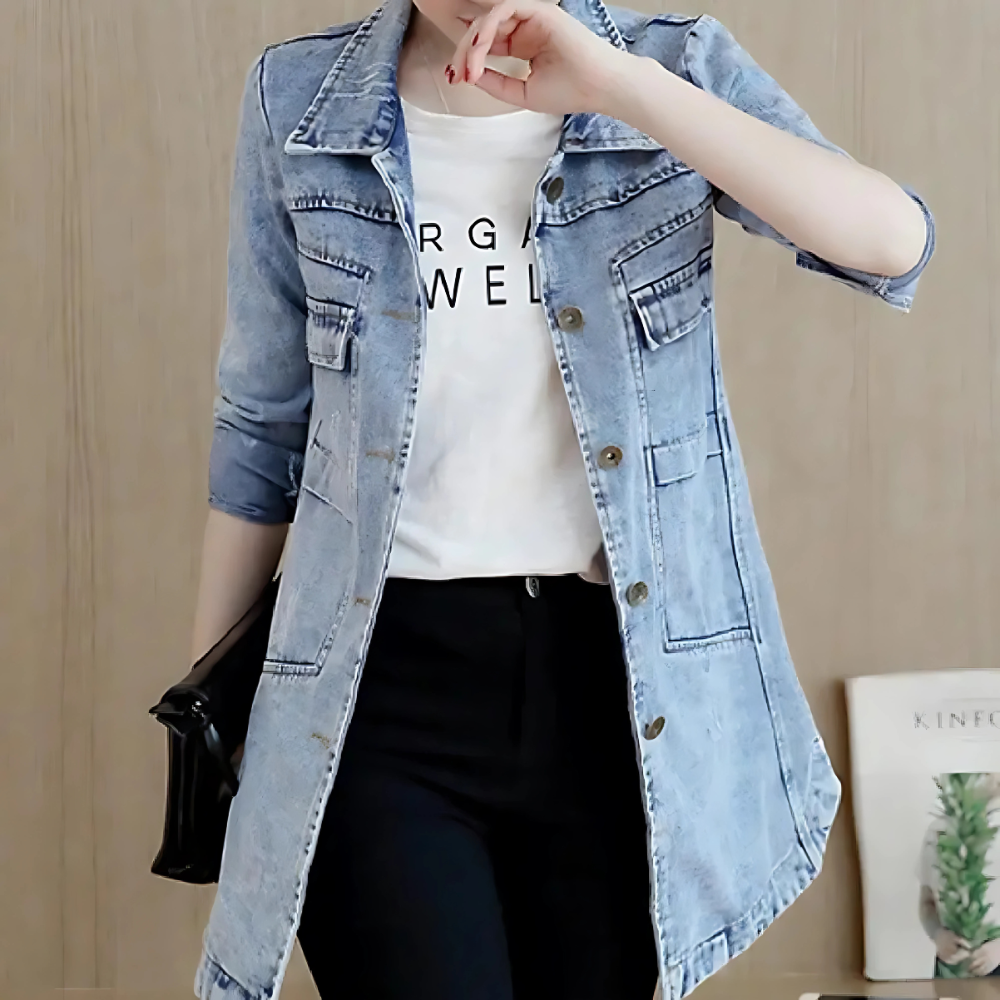 Damen Lange Jeansjacke Stickdetails Vintage Stil - Norvielle