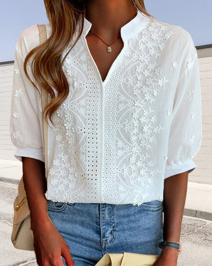 Damen Bluse V-Ausschnitt Puffärmel Elegante Seide