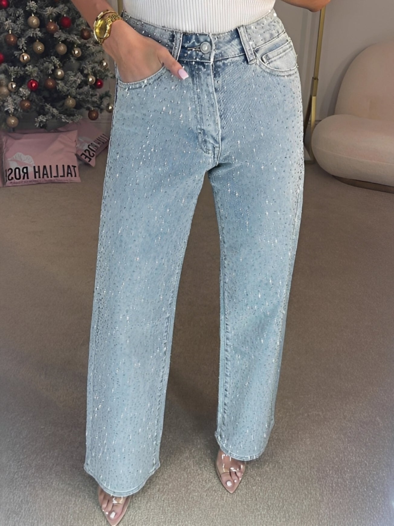 Damen Hochwertige Glitzerjeans Hohe Taille Glitzer Effekt
