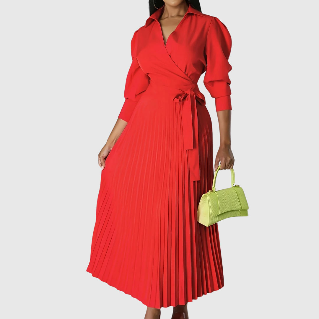 Damen Midikleid V-Ausschnitt Plissiert Elegantes Kleid