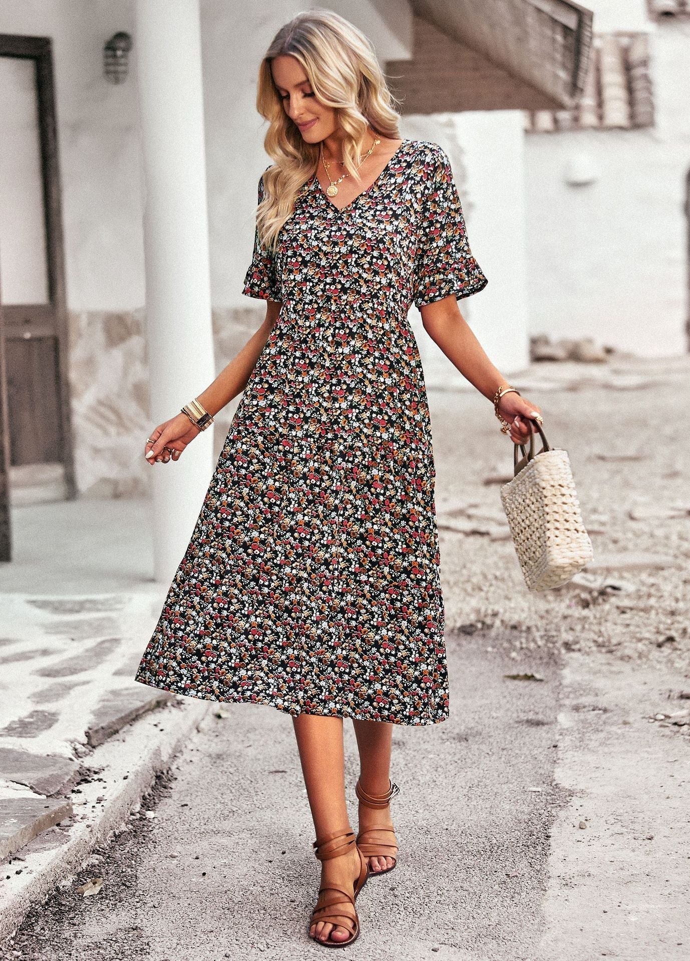 Damen Sommerkleid Blumenmuster Midilength Leicht