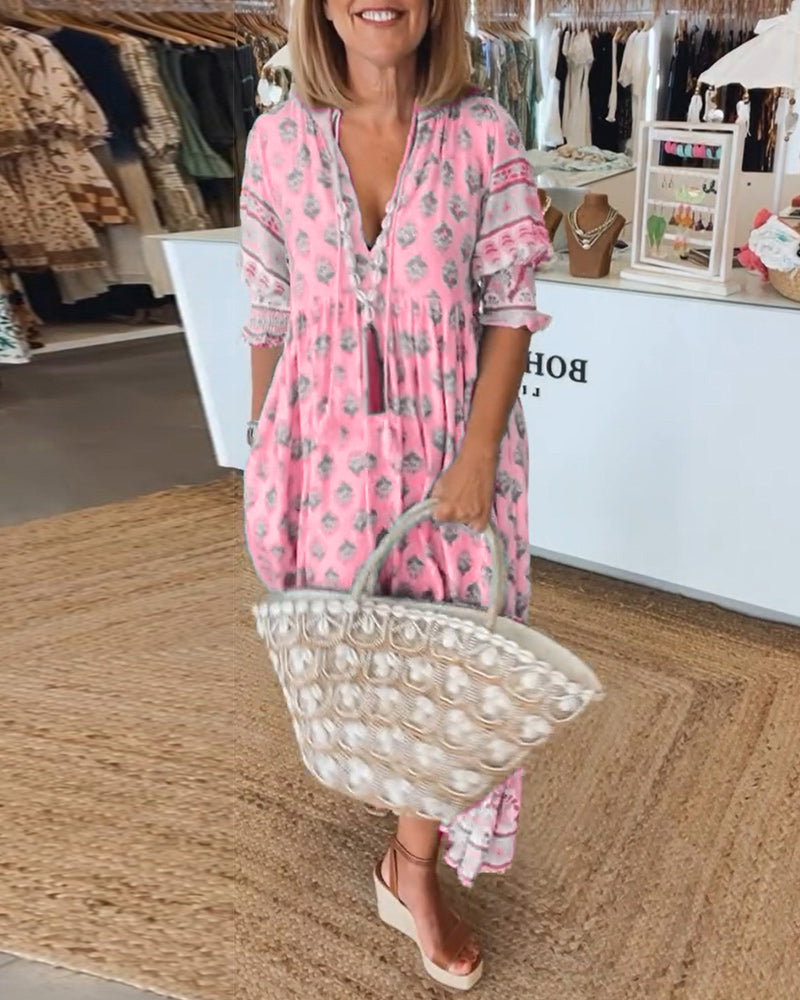 Damen Sommerkleid V-Ausschnitt Bedruckt Midi
