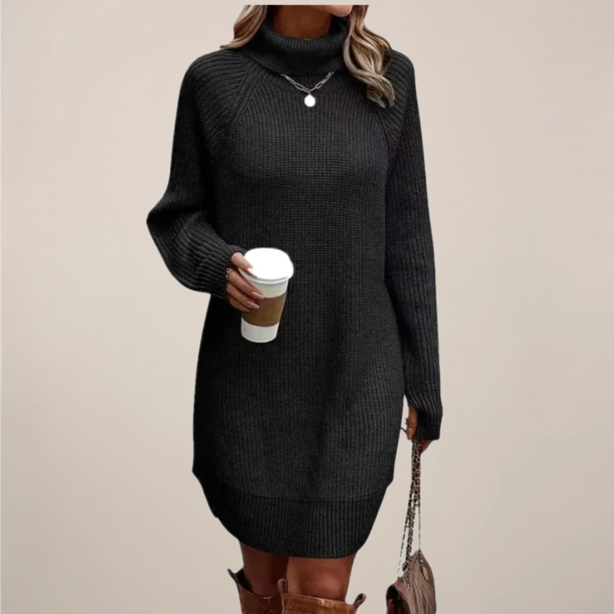 Damen Langarm Pulloverkleid Rollkragen Warm