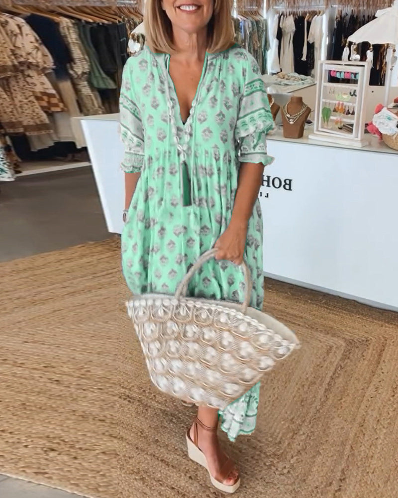 Damen Sommerkleid V-Ausschnitt Bedruckt Midi