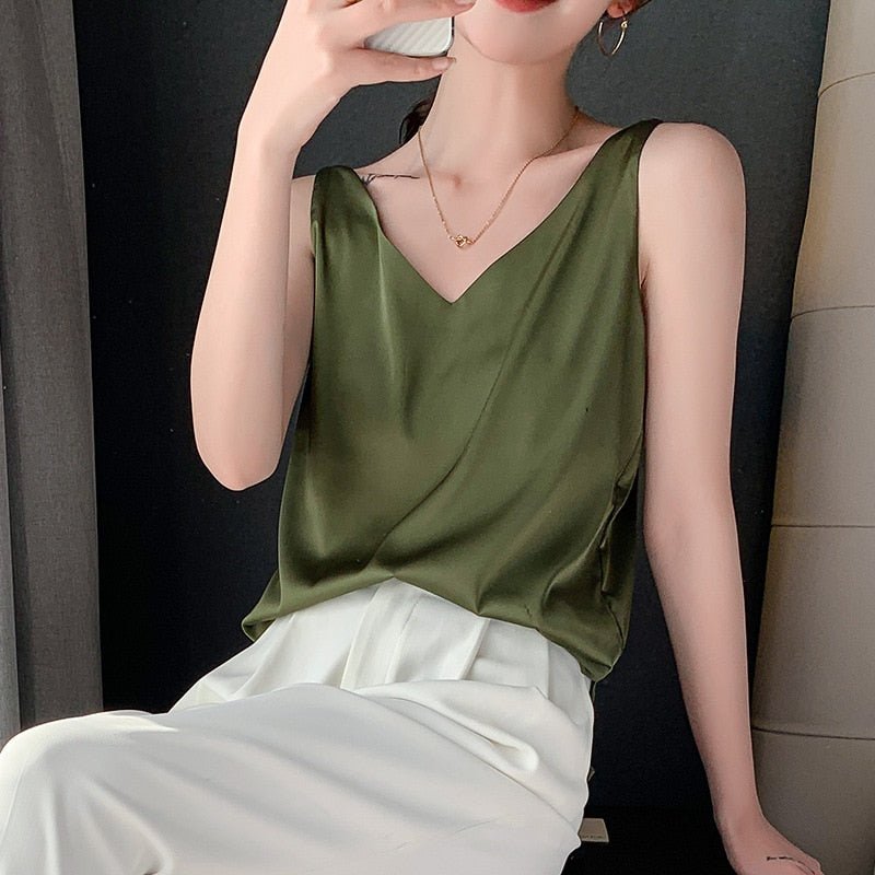 Damen Satin-Oberteil V-Ausschnitt Elegant